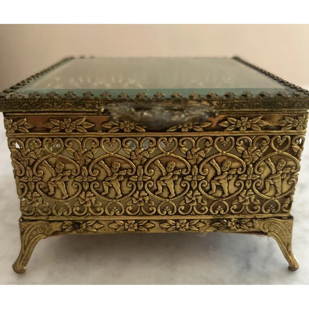 Vintage Jewelry Box Golden Filigree Beveled Glass Footed Full Of Crystal 5×6.5in